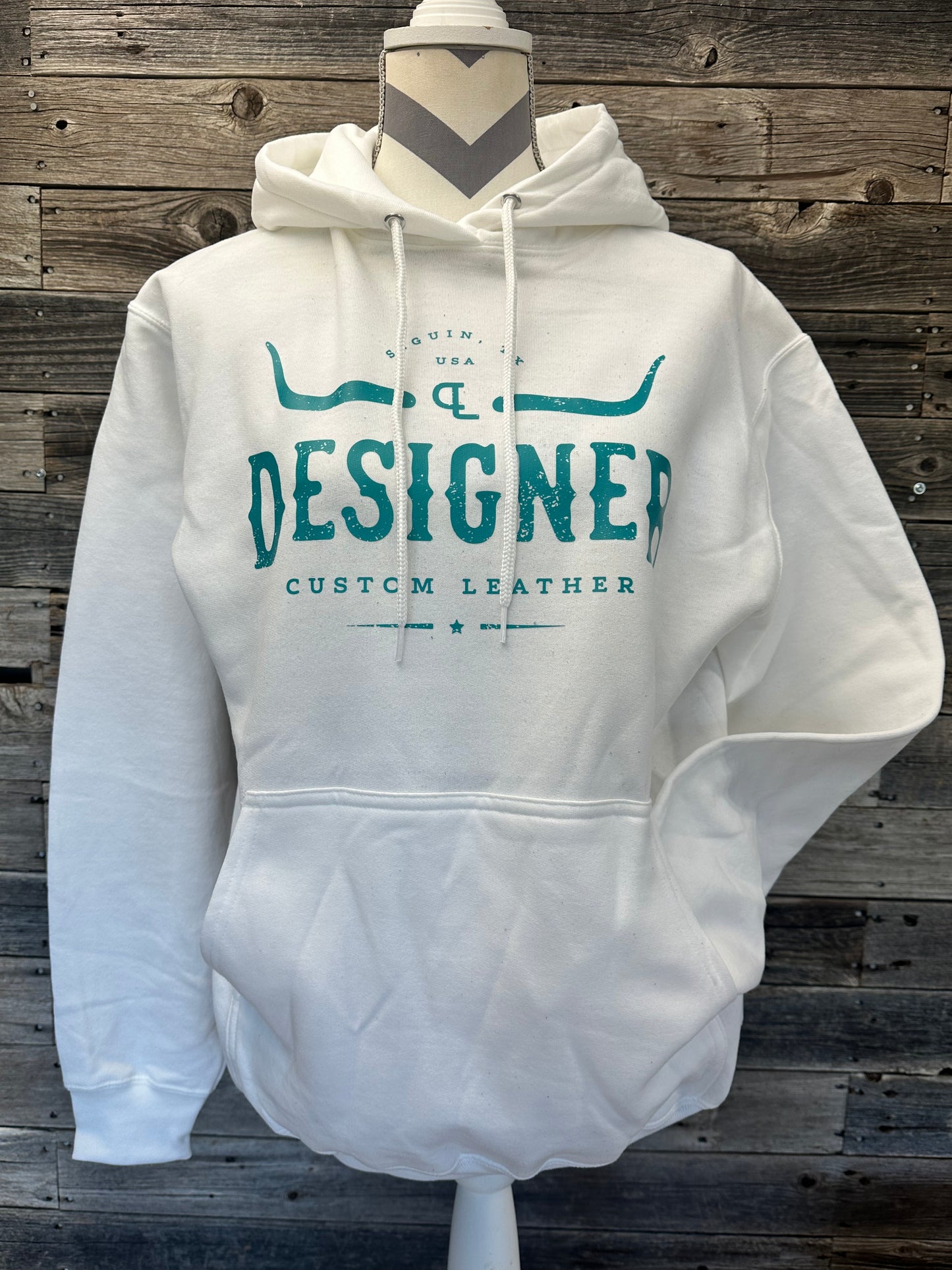 White Hoodie with Turquoise Logo