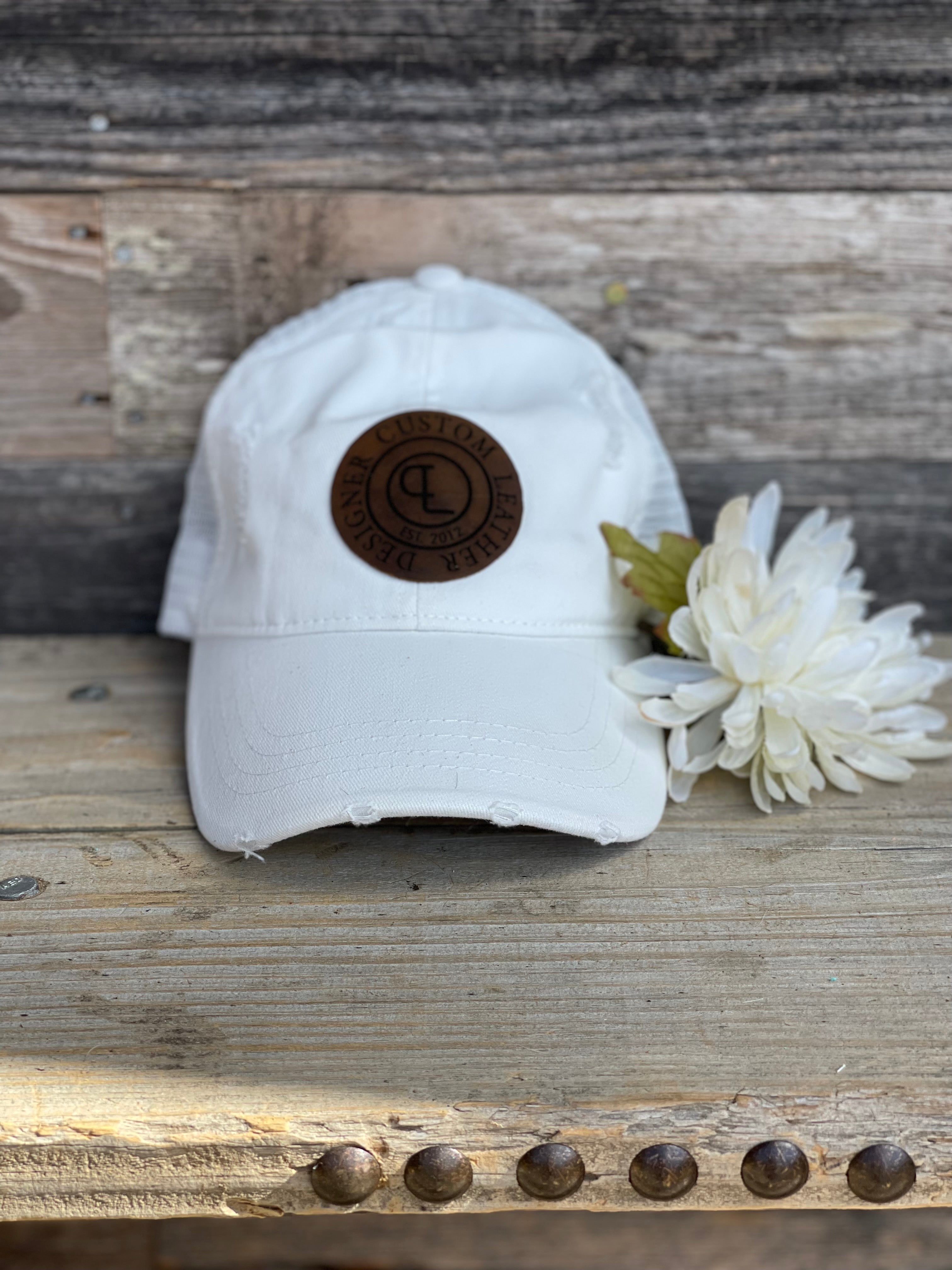 White Distressed Cap with Leather Patch